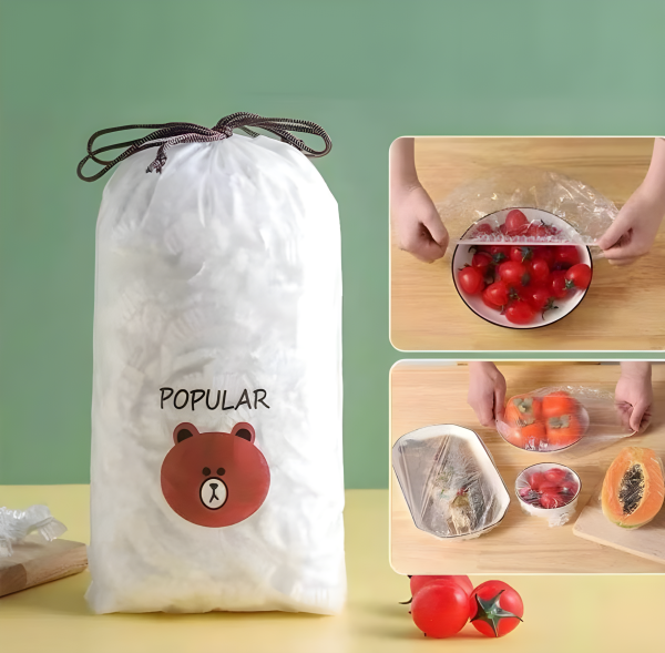 100 PCS Disposable Food Cover Bags – Transparent Stretchable Food Wrap Covers | Kitchen Storage & Freshness Protection